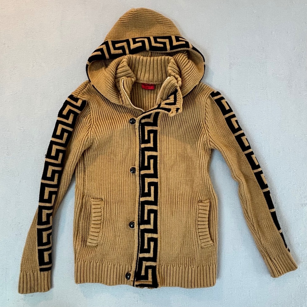 Young Republic Mens Greek Key Knit Hooded Cardigan Sweater Tan Wool Blend XL